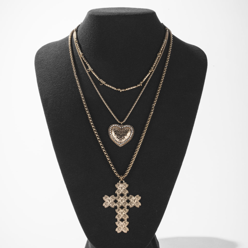 Collier Multirangs Cœur et Croix Doré
