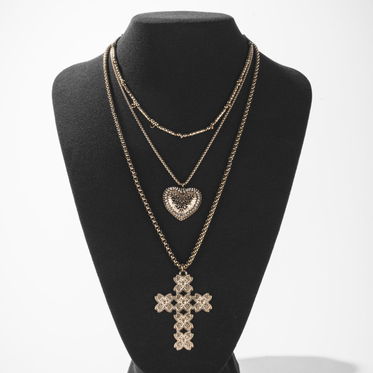 Collier Multirangs Cœur et Croix Doré