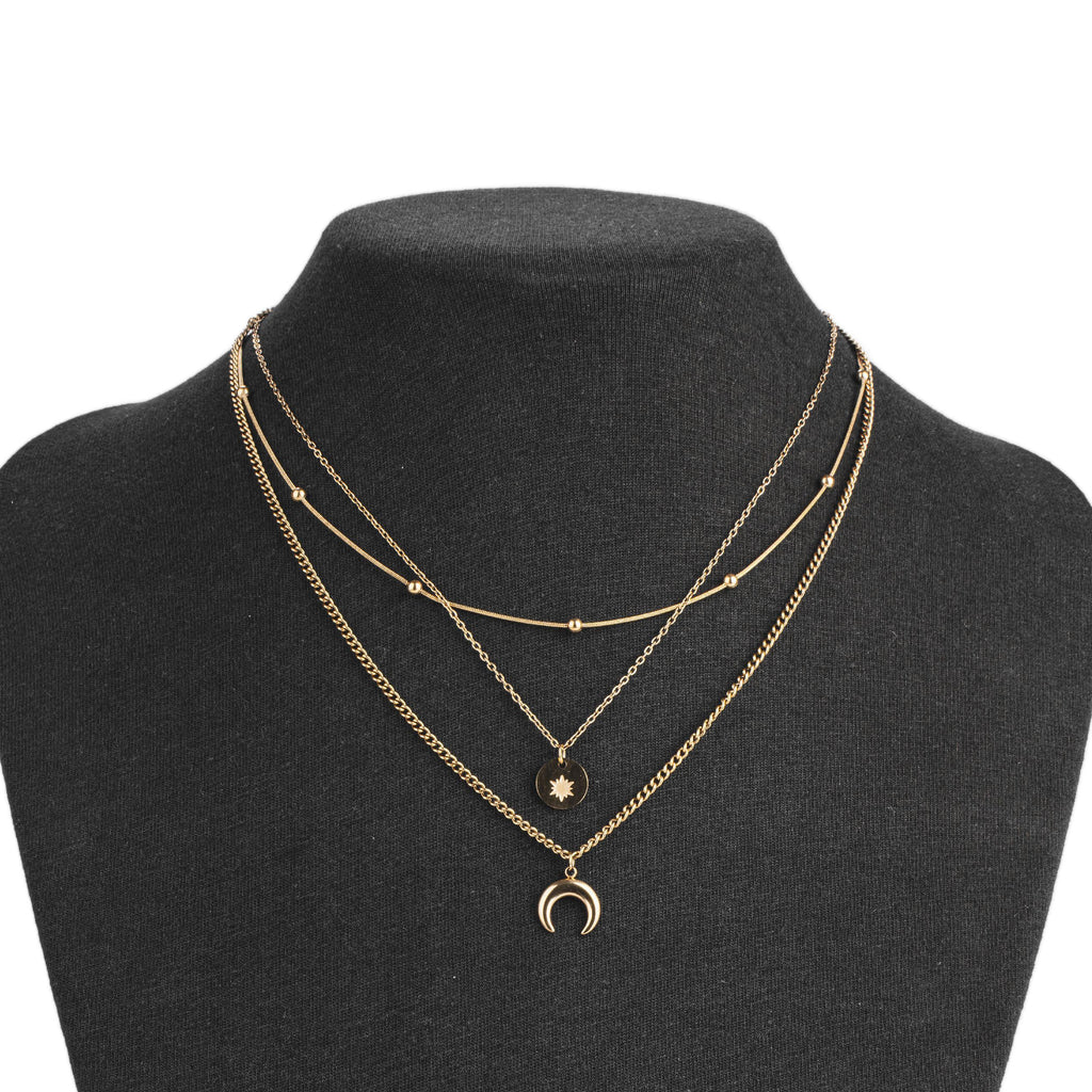 Collier multirangs doré soleil et lune