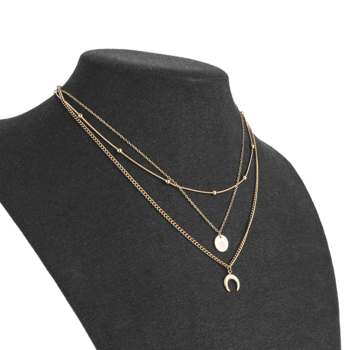 Collier multirangs doré soleil et lune