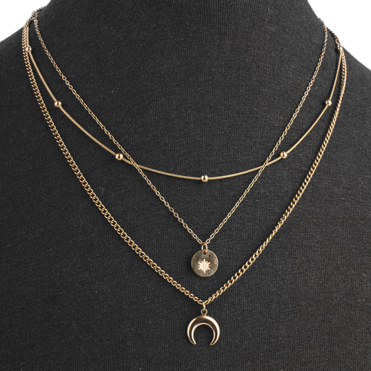 Collier multirangs doré soleil et lune