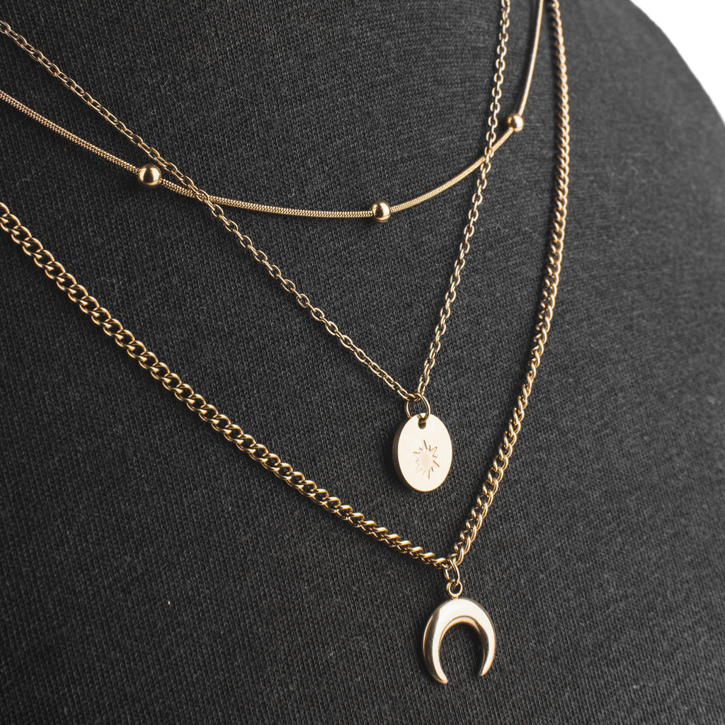 Collier multirangs doré soleil et lune